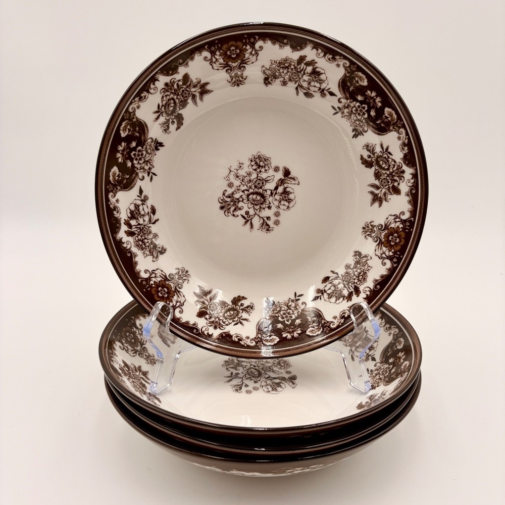 Robert Stanley Fall Classics Brown White Floral Toile Ceramic Soup Bowl Set 4pc